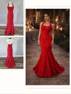 NWT Red Lace Mermaid Halter Prom Dress Zum Zum Niki Livas Size 9